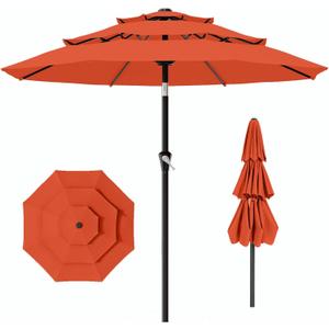 AreShark 9ft 3-Tier Patio Umbrellas, Outdoor Umbrella with 8 Sturdy Ribs UV Protection Windproof, Market Table Umbrella w/Push Button Tilt & Crank for Pool, Porch, Deck, Garden(Orange)