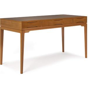 SIMPLIHOME Harper Desk - 60 Inch Wide Solid Hardwood Writing Desk in Light Golden Brown, Mid-Century Modern Home Office Computer Table for Study with 2 Drawers and Flip-Down Keyboard Tray