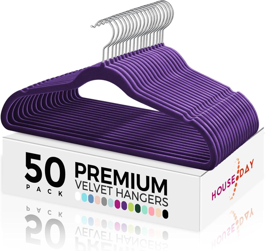 HOUSE DAY Premium Velvet Hangers 50 Pack, Non-Slip Flocked Felt Hangers, Sturdy Clothes Hanger with 360 Rotatable Hook, Heavy Duty Durable Slim Coat Hanger for Closet Space Saving (Noble-Purple)