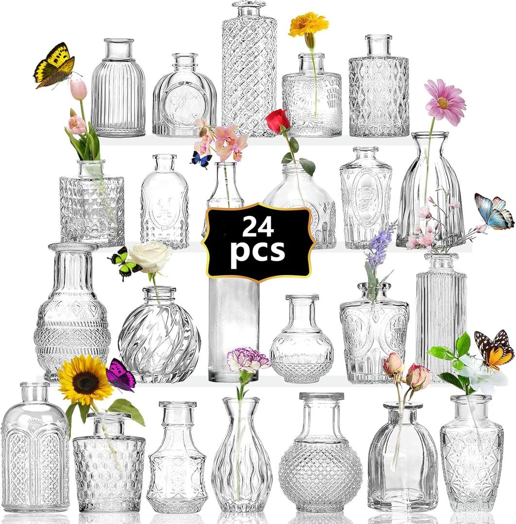 24PCS Mini Bud Vases As Wedding Centerpieces for Tables,Clear Bud Vases for Flowers,Small Flower Vases Suitable for Birthday Party,Anniversary,Wedding Reception,Baby Shower (Clear, 24PCS)