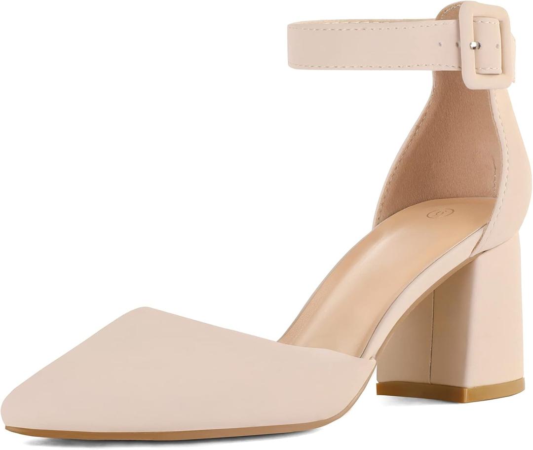 mysoft Women's Pointed Toe Low Chunky Heels Closed Toe Ankle Strap Dress Pump Shoes - 8W