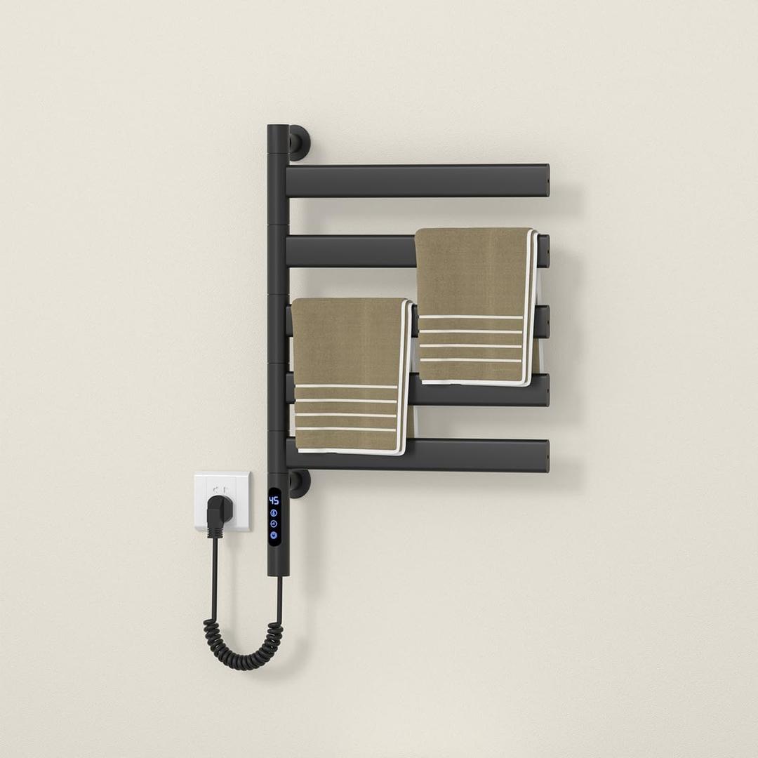 Smart Rotating Heated Towel Rack for Bathroom Black, VOKIM 5-Bar Wall-Mounted Electric Towel Warmer with Swivel Bars, Stainless Steel, IPX4