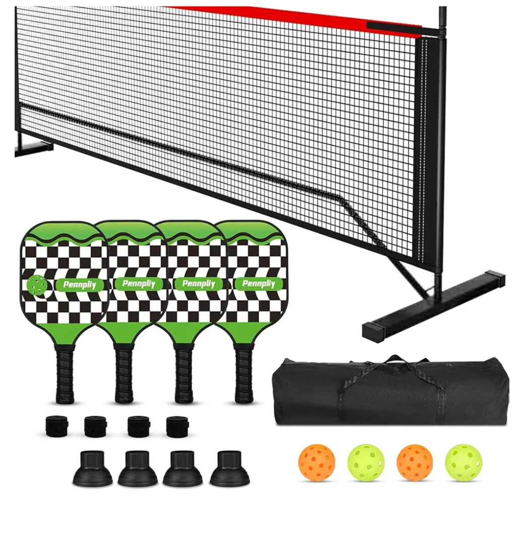 Pennpliy Pickleball Set with Net and Paddles, 4 Player Set, Brown Wooden Paddles, 22FT Portable Net, 6 Balls, 4 Ball Retrievers, 4 Replacement Grips