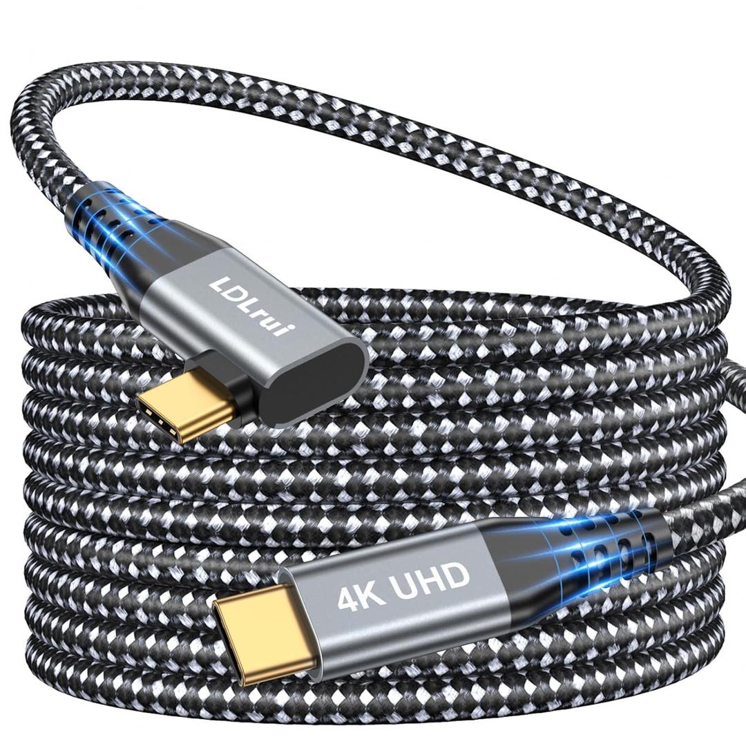 LDLrui USB C Monitor Cable, 4K 60HZ Display, Right Angle 10FT, 20Gbps Data Transfer, 100W Charging, 90 Degree USB 3.2 Gen2x2 Video Cable for MacBook Pro, iPhone17/16, Portable Monitor, Webcam