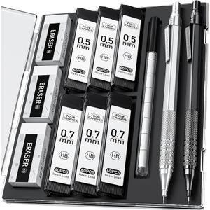 Four Candies 2PCS Metal Mechanical Pencils Set with Case, 0.5mm & 0.7 mm Artist Pencil with 6 Tubes (360PCS) HB Lead Refills, 3 Erasers,9 Eraser Refills For Writing Drafting, Drawing, Black&Silver