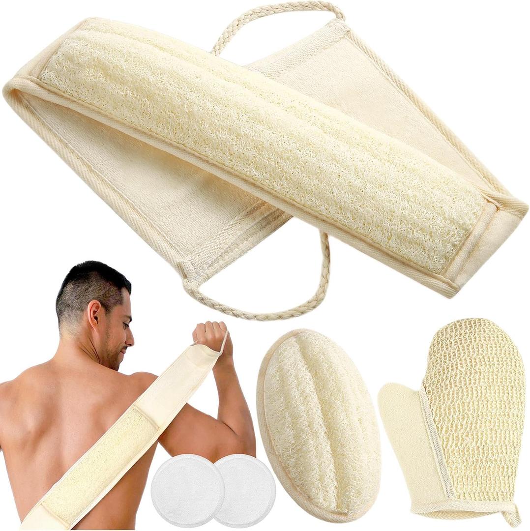 Exfoliating Natural Loofah Sponge Back Scrubber for Shower, 5 Pack Loofah Sponge Pads & Exfoliating Glove, Bath Shower Scrubber for Men and Women