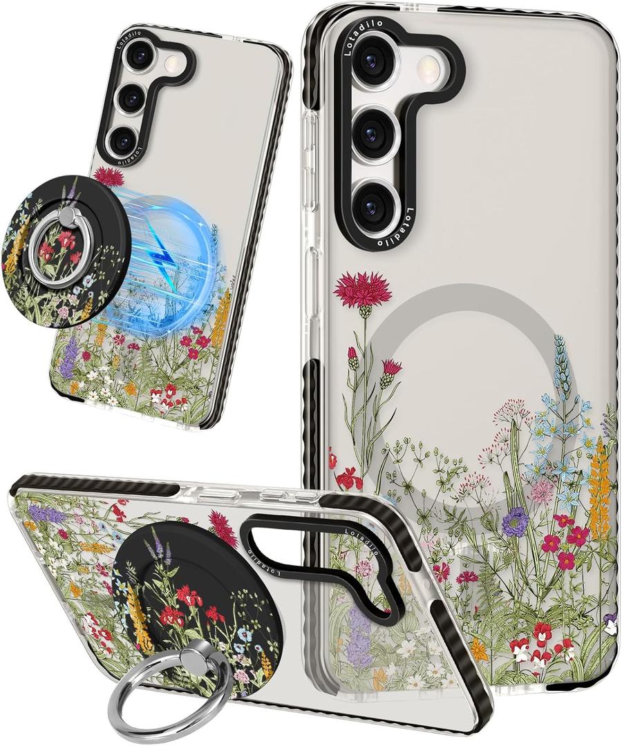 Lotadilo for Samsung Galaxy S23 Case for Women - Girls Cute Design Compatible with Magsafe Magnetic Ring Holder Stand Flowers Plants Phone Covers Aesthetic Girly TPU Funda for S23