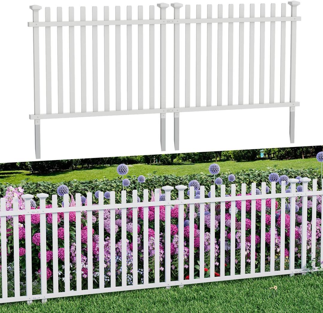MELLCOM No Dig Garden Picket Fence, 44''W x 41''H(2 Panels) Decorative Privacy Fence with Metal Stakes, Garden Fence Border for Backyard, Patio & Yard, White