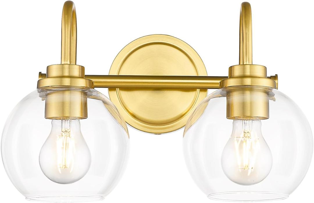 Bathroom Light Fixtures, 2-Light Brushed Gold Vanity Lights with Globe Clear Glass, Champagne Bronze Vanity Lighting Fixtures Over Mirror, AD-22280-2W-GD