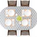 UMINEUX Oval Fitted Vinyl Tablecloth with Elastic Edged & Flannel Backing, Waterproof Wipeable Oval Table Cover - Fits Tables up to 42"X68" (Gray Moroccan)