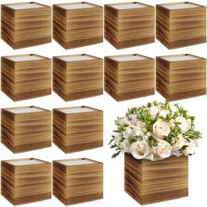 Suzile 12 Set 4 Inch Wooden Planter Box Flower Square vases for Centerpiece Rustic Cube Planter Box with Removable Foam Blocks Liner Square Vase Craft for Garden Home(Burn Wood Color)