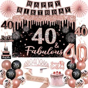 40th Birthday Decorations for Women - 34pcs Black Rose Gold Birthday Party Decor Include Happy 40th Birthday Banner 40 Years Old Crown Sash Backdrop Balloons Cake Topper Hanging Swirls Paper Fans