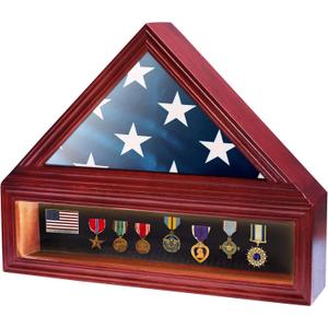 Military Veteran Flag Display Case Shadow Box with Led Lights, 3'x5' American Military Flag Holder with Certificate Document Holder and Military Medal Display Frame Acrylic Covered , Mahogany Finish