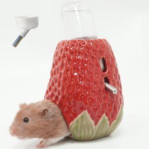 Strawberry Ceramic Hamster Water Bottle - 80ML Holder with 2 No Drip Caps for Syrian Dwarf Hamster, Mice, Gerbil