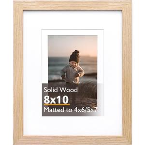 KINLINK 8x10 Picture Frame Natural, Solid Wood Frame with Acrylic Plexiglass for Pictures 4x6/5x7 with Mat or 8x10 without Mat, Tabletop and Wall Mounting Display Photo Frame 1 Pack
