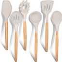 E-far Cooking Utensils Set of 6, Silicone Kitchen Utensils with Wooden Handle, Non-stick Cookware Friendly & Heat Resistant, Includes Spatula/Ladle/Slotted Turner/Serving Spoon/Spaghetti Server(Khaki)