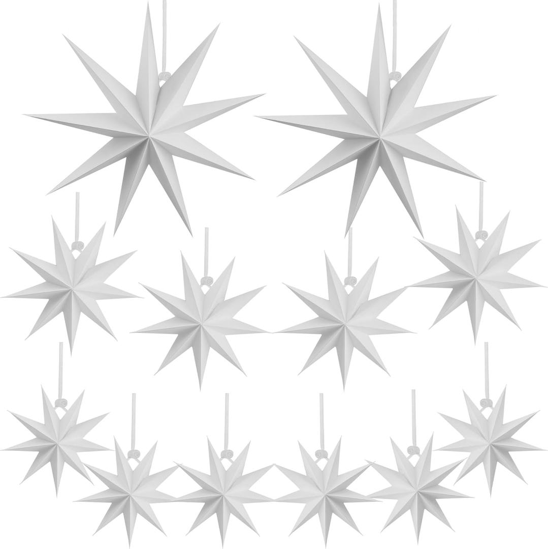 12 Pack White Paper Star Lanterns 9-Pointed Star Lamp Shades Ornaments Hanging Decorations for Christmas New Year Birthday Wedding Party, 3 Sizes
