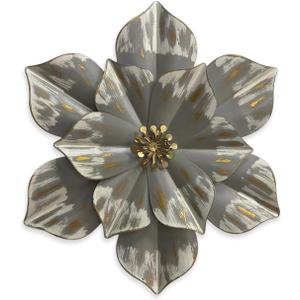 Metal Flower Wall Sculpture, 12.5" Rustic Modern Floral Artwork, Distressed 3D Layered Iron Flower Wall Hanging Accent for Indoor Kitchen Bedroom Living Room Office OutdoorGarden Patio Decor (Black) (01B-Grey)