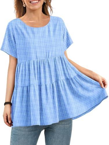 YESNO Women's Casual Short Sleeve Shirts Summer Floral Loose Tiered Swing Tunics Tops Blouses BEL L