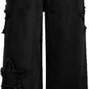 High Waisted Wide Leg Jeans, Heart Pattern Distressed Denim (2X, Black Star)