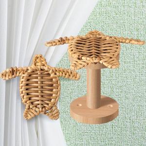 Leinuosen 2 Pack Boho Curtain Holdbacks Rattan Tiebacks Coastal Curtain Holdbacks for Curtains Wall Mounted Nautical Ocean Wooden Drapery Hook Rustic for Summer Home Office Bedroom Window(Sea Turtles)