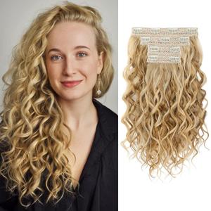 REECHO Curly Hair Extensions, 4PCS 16 inch Clip in Hair Extensions Lace Weft Short Curly Hair Extensions Clip Ins Invisible Natural Hairpieces for Women, Golden Blonde with Highlights