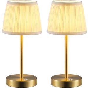 PUSU 2 Pack Cordless LED Gold Table Lamps, Rechargeable 4000mAh 3 Way Dimmable Bedside Small Lamp with Fabric Shade, Lighting for Bedroom, Kids Room, Bathroom, Kitchen, Decor, Gift, Night Light