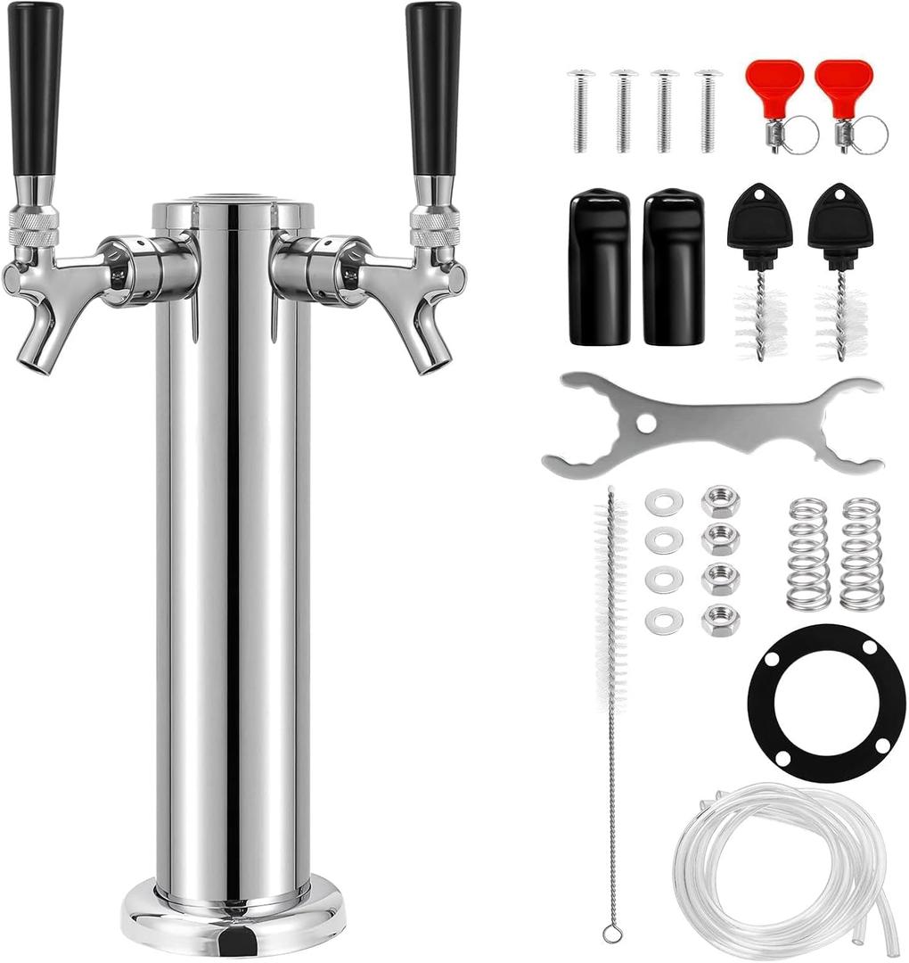 Kegerator Tower Double Tap Beer Tower Dual Faucet Beer Tower Stainless Steel 3'' Flange Beer Tower Dispenser Beer Tap Kegerator Parts with Pre-Assembled Tubing and Self-Closing Springs