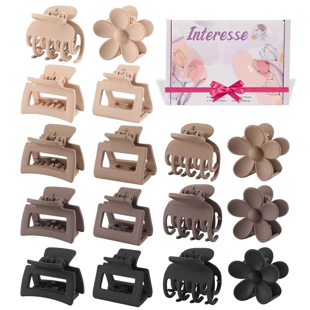 4 PCS Small Claw Clips, Matte Hair Clips for Women and Girls, Medium Rectangle Hair Claws, Brown Flower Hair Clips for Thin Hair