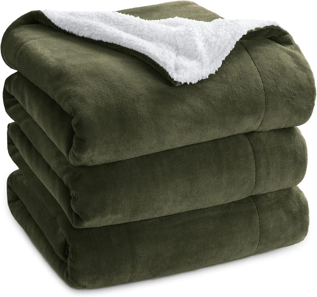 Bedsure GentleSoft Sherpa Fleece Blankets King Size for Bed, Non-Heated, Thick and Warm Throw for Women and Men, Soft Fuzzy Plush King Blanket for Winter, Olive Green, 108x90 Inches