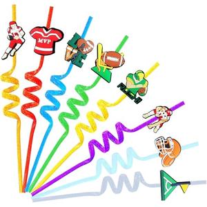 24Pcs Bling Glitter Football Party Favors Straws Reuseable Football Drinking Straws For Football Party Supplies Birthday Party Decoration with 2 Cleaning Brush.