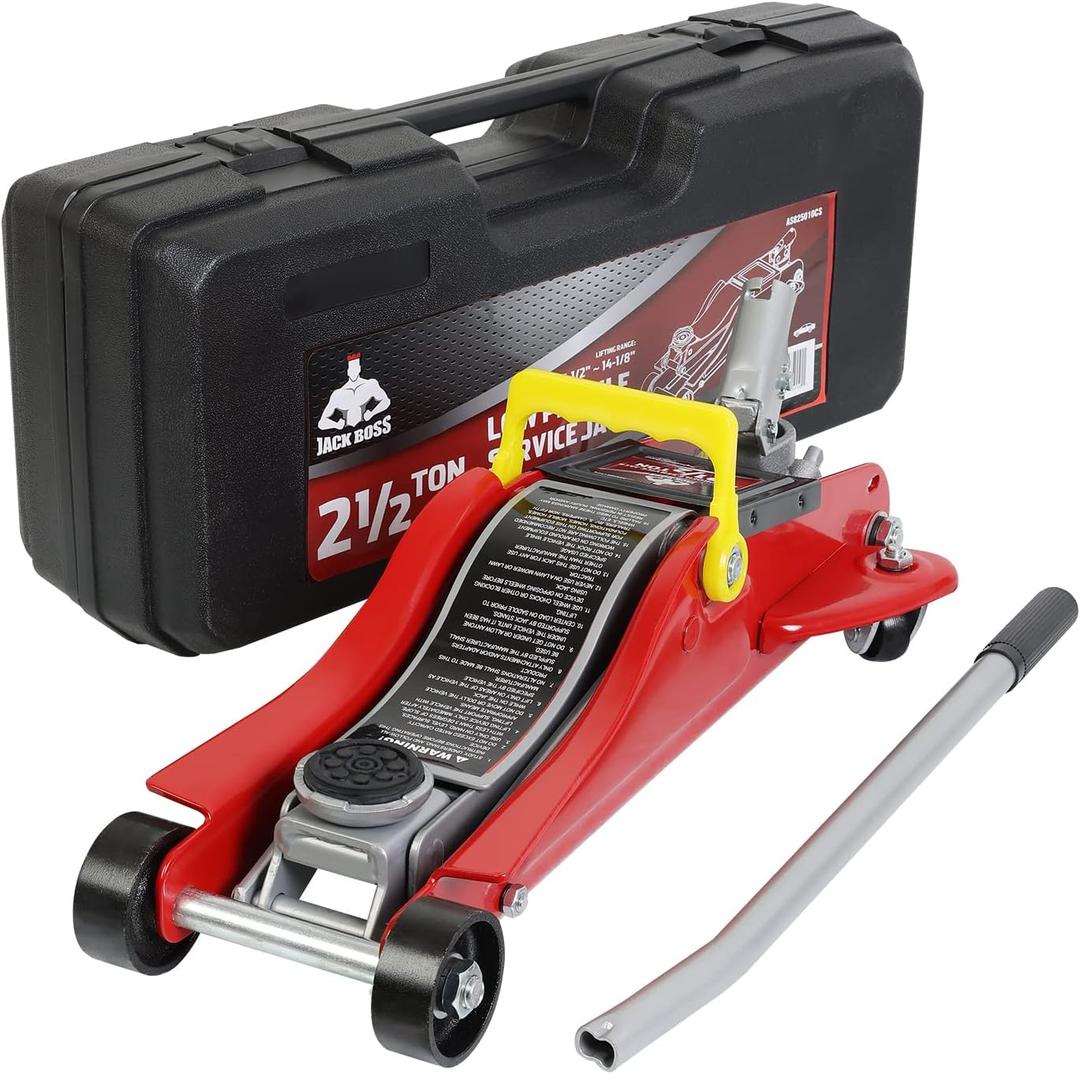 Jack Boss Floor Jack 2.5 Ton (5500 LBs) Hydraulic Low Profile Trolley Car Jack with Portable Storage Case, Lifting Range 3.5" to 14", Fit Use for Automotive Sedans, Red