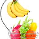 Livabber Countertop Fruit Basket Bowl with Banana Hanger, Modern Standing Fruit Vegetable Bowl Storage, with Banana Tree Holder for Kitchen Dinning Table (Square Marble, Chrome)