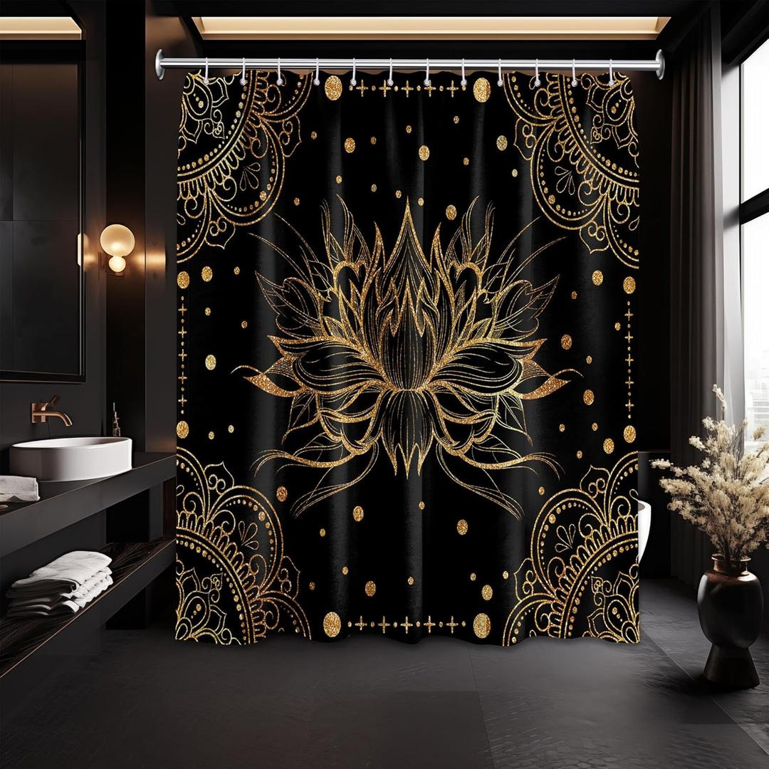 Black and Gold Shower Curtain Decorative Dark Shower Curtains for Bathroom Decor Set, Waterproof Polyester Cloth Fabric with Hooks 70''W x 72''L