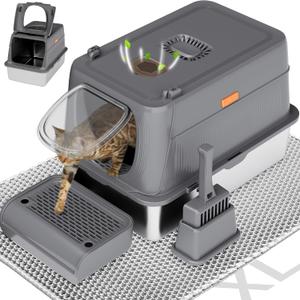 Citylife Stainless Steel Cat Litter Box with Lid, XL Extra Large Enclosed Removable Metal Litter Box with Litter Scoop & Double Layer Litter Mat, Non-Sticky Non-Odor, Easy Cleaning, for Big Cats Dark Grey