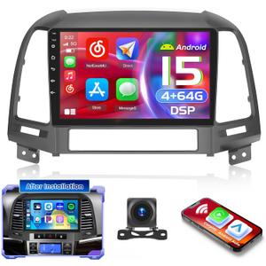 4+64G for Hyundai Santa fe 2006 2007 2008 2009 2010 2011 2012 Android 15 Car Stereo, Hikity 9'' Touchscreen Radio Wireless Carplay for Santa fe Android Auto DSP/1080P/5G WiFi/BT, FM/RDS Backup Cam SWC