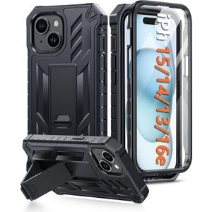 FNTCASE for iPhone 15 Case: for iPhone 14 Case & iPhone 13 Case [Built-in Screen Protector & Kickstand] [Military Grade Drop Protection] Heavy Duty Full Protective Shockproof TPU Phone Cover - Black