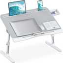 HETTHI Laptop Desk for Bed, Adjustable Bed Table with Leather Desktop, Foldable X-Large Laptop Bed Trays with Drawer for Bed Couch Floor Writing Working Reading Eating Painting (Gray, 23.6"15.7")