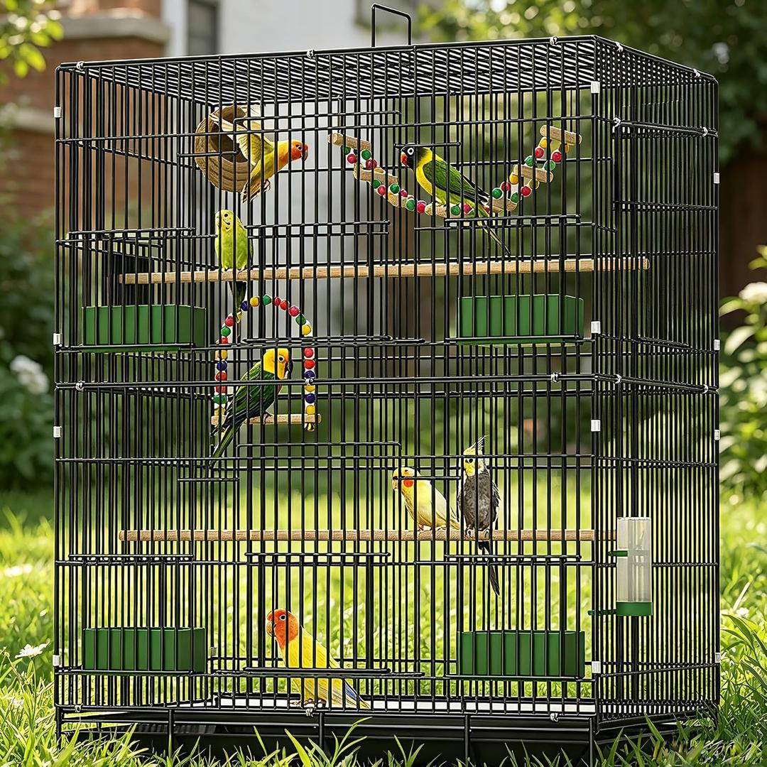 30-inch Folding Parrot Medium Bird Cage, Hanging Bird Cage for Parakeets Finches Canaries Lovebirds Cockatiels Budgies Small Quaker Conures Travel Pet Flight Birdcage with Swing and Perch