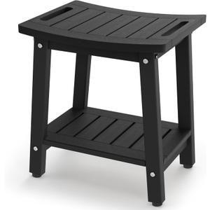 Shower Bench for Inside Shower - Black HDPE Shower Stool Waterproof - Spa Bathroom Seat Chair with Handle, Storage Shelf, Adjustable Feet - Indoor/Outdoor, Weather Resistant (Medium 16x12.5x17 Inch)