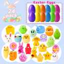 24 Pcs Easter Egg Filled with Mochi Squishy Toys  Kawaii Easter Basket Stuffers, Egg Hunt Prizes, Stress Reliever Squishy Toy for Kids Party Favor, Classroom Prize Supplies