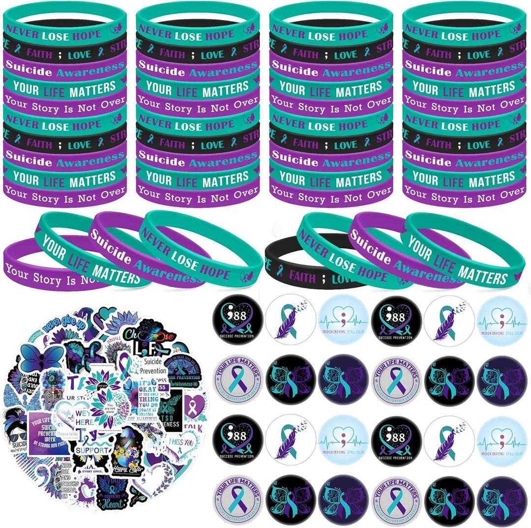 150 Pcs Suicide Prevention Awareness Accessories Silicone Bracelets Bulk Badge Reel Include 50 Bracelets 50 Badges 50 Stickers for Suicide Awareness Charity Event Party Supplies (Suicide Awareness)