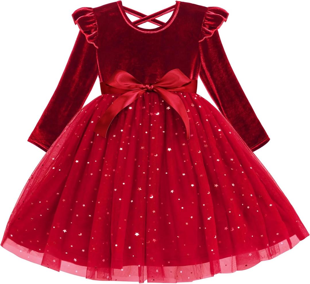 Cubear Toddler Girls Velvet Tutu Dress Fall Winter Long Sleeve Ruffle Dress for Holiday Party Causal 3-7Y (Red)