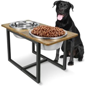 Elevated Dog Bowls for Large Dogs, Raised Dog Bowl Stand with Two X-Large Stainless Steel Bowls for Dogs, 3.5L Capacity, Rustic Brown