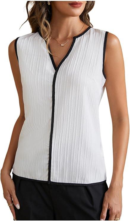 winkbay Women's Notch V Neck Sleeveless Elegant Blouse Work Office Summer Tops White Large
