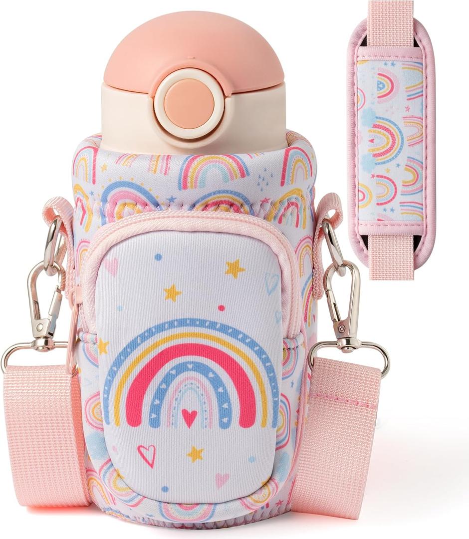 Water Bottle Carrier Bag with Strap for Kids - Water Bottle Bag Holder with Padded Strap Pocket 10/12/14/16/18Oz for Boys Girls School Walking Hiking Camping