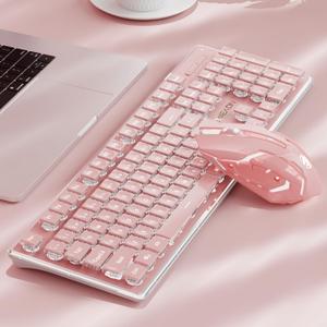 V3 Wireless Keyboard and Mouse with Single Backlit, Metal Panel, Bluetooth/2.4G Rechargeable Computer Keyboard and Mouse Combo Silent Lighted Full Size Cute Keyboards-Pink