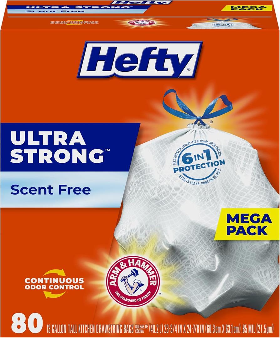 Hefty Ultra Strong 13 Gallon Trash Bags, Tall Kitchen Trash Bags 13 Gallon Size, Drawstring Closure, Continuous Odor Control, White, Unscented, 80 Bags