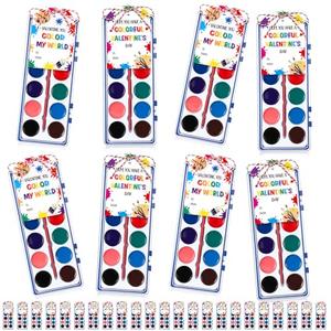 Sabary 32 Pack Valentine Watercolor Paint Sets Valentine's Day Washable Watercolor Paints with Gift Cards and 20 Meters Rope for Classroom Exchange Gifts Valentine Party Favors Art Activities