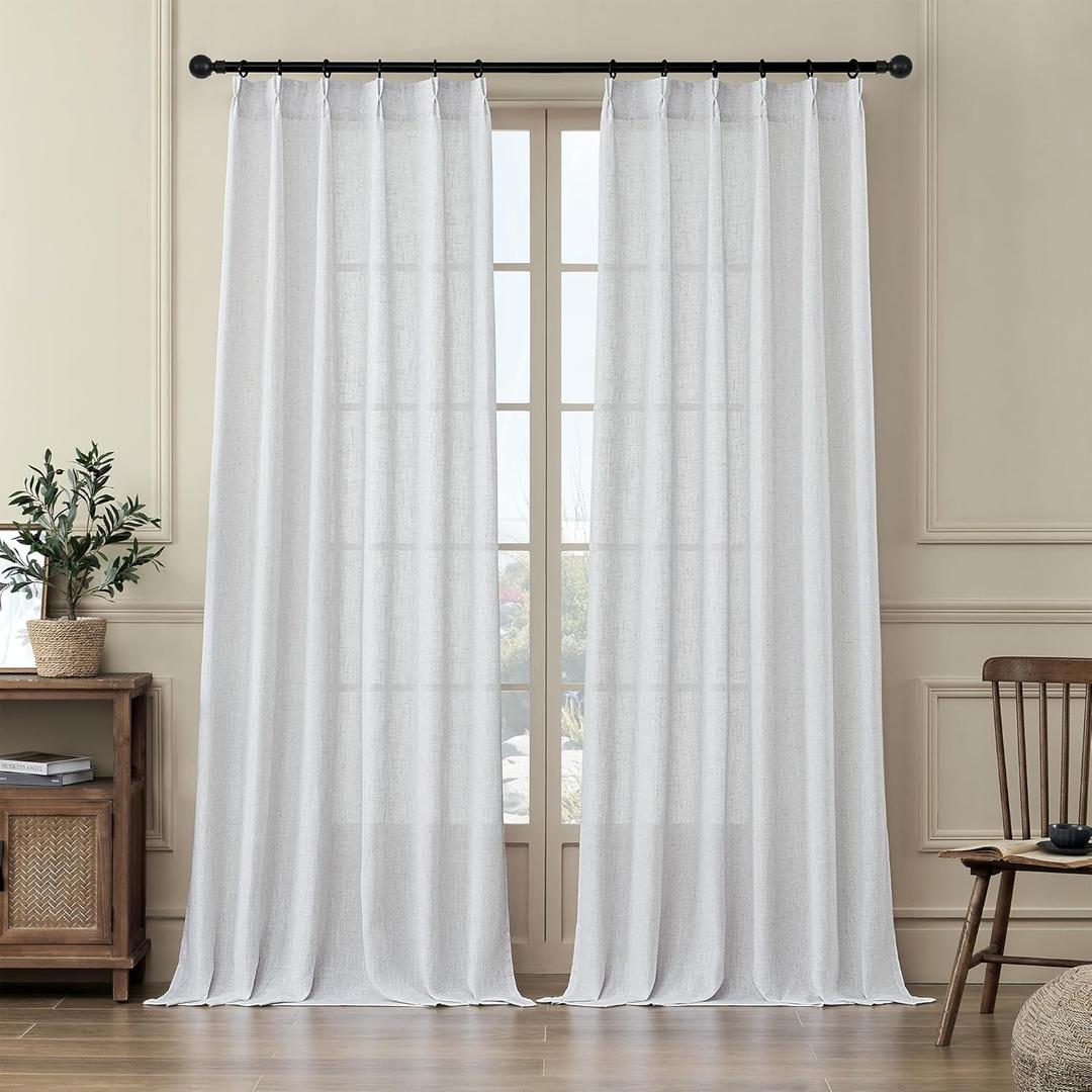 MASWOND White Pinch Pleated Curtains 90 Inches Long 2 Panels for Living Room Semi Sheer Linen Curtains Pinch Pleat Drapes for Traverse Rod Light Filtering Curtains for Dining Bedroom W38xL90 Length (38"W x 90"L (Pack of 2))